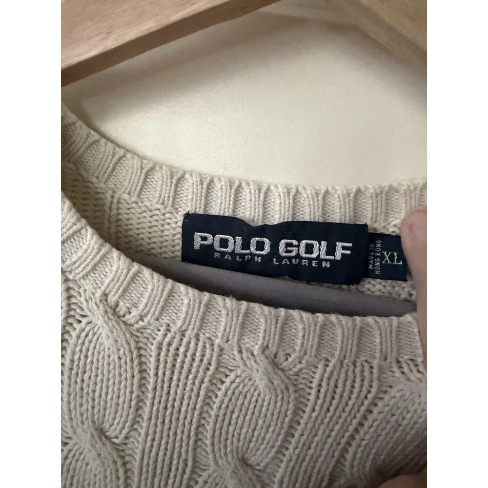 Vintage 1990s Polo Golf Ralph Lauren Cable Knit Sweater Beige XL Plaid Crest